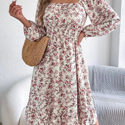 Floral Print Long Sleeve Square Neck Midi Dress - MimiStylez