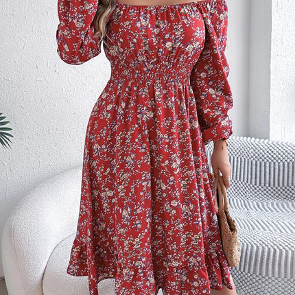 Floral Print Long Sleeve Square Neck Midi Dress - MimiStylez