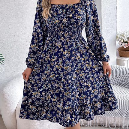 Floral Print Long Sleeve Square Neck Midi Dress - MimiStylez