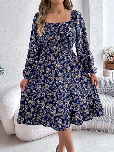 Floral Print Long Sleeve Square Neck Midi Dress - MimiStylez