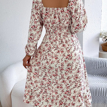 Floral Print Long Sleeve Square Neck Midi Dress - MimiStylez