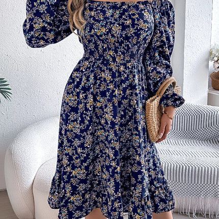 Floral Print Long Sleeve Square Neck Midi Dress - MimiStylez