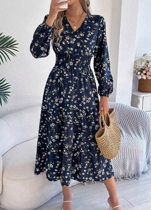 Floral Print Long Sleeve V - Neck Midi Dress - MimiStylez