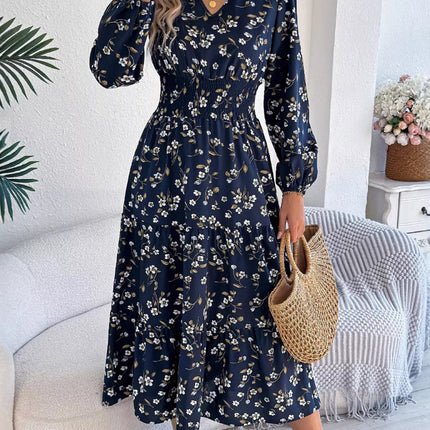 Floral Print Long Sleeve V - Neck Midi Dress - MimiStylez