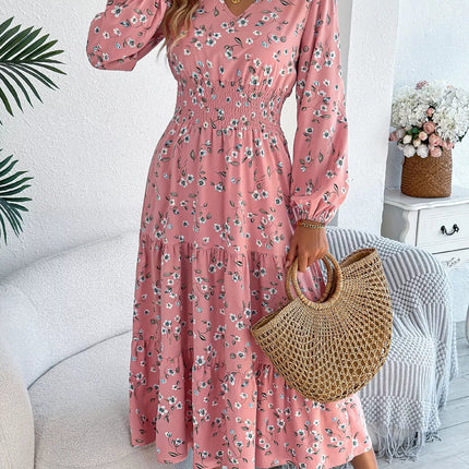 Floral Print Long Sleeve V - Neck Midi Dress - MimiStylez