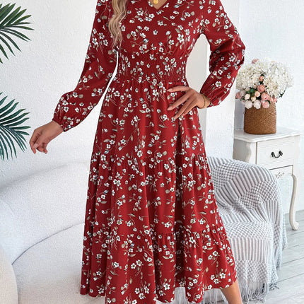 Floral Print Long Sleeve V - Neck Midi Dress - MimiStylez