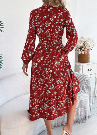 Floral Print Long Sleeve V - Neck Midi Dress - MimiStylez