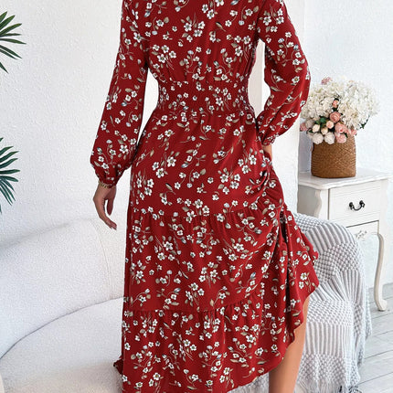 Floral Print Long Sleeve V - Neck Midi Dress - MimiStylez