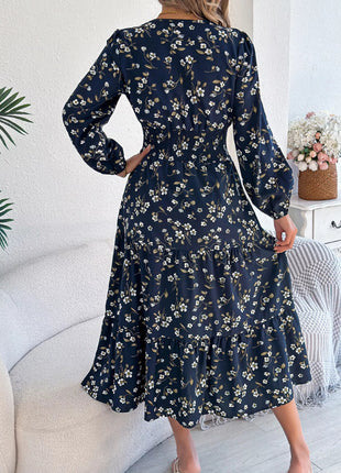 Floral Print Long Sleeve V - Neck Midi Dress - MimiStylez