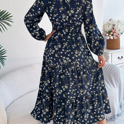 Floral Print Long Sleeve V - Neck Midi Dress - MimiStylez