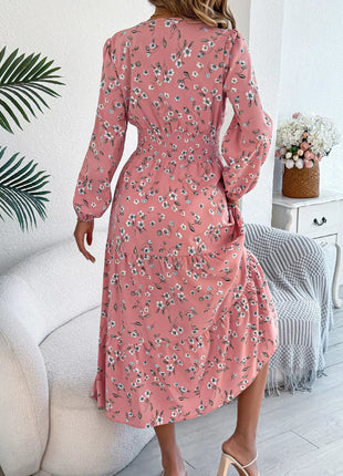 Floral Print Long Sleeve V - Neck Midi Dress - MimiStylez