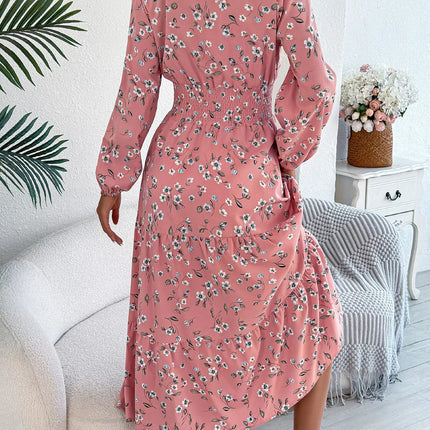 Floral Print Long Sleeve V - Neck Midi Dress - MimiStylez