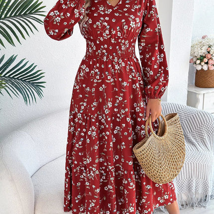 Floral Print Long Sleeve V - Neck Midi Dress - MimiStylez
