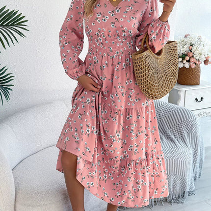 Floral Print Long Sleeve V - Neck Midi Dress - MimiStylez