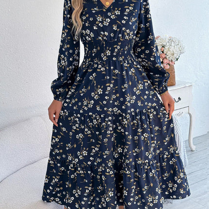Floral Print Long Sleeve V - Neck Midi Dress - MimiStylez