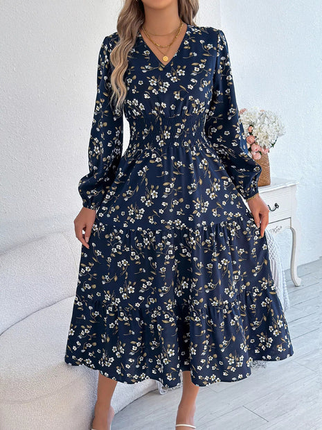 Floral Print Long Sleeve V - Neck Midi Dress - MimiStylez