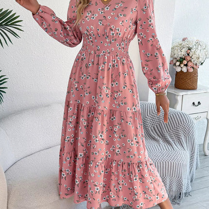 Floral Print Long Sleeve V - Neck Midi Dress - MimiStylez