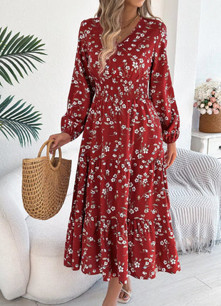 Floral Print Long Sleeve V - Neck Midi Dress - MimiStylez