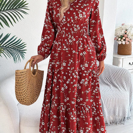 Floral Print Long Sleeve V - Neck Midi Dress - MimiStylez