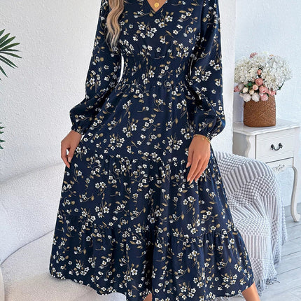 Floral Print Long Sleeve V - Neck Midi Dress - MimiStylez