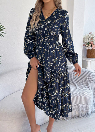 Floral Print Long Sleeve V - Neck Midi Dress - MimiStylez