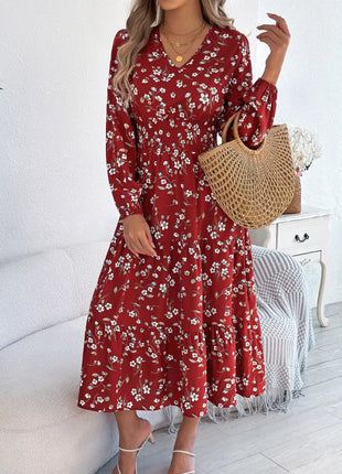Floral Print Long Sleeve V - Neck Midi Dress - MimiStylez