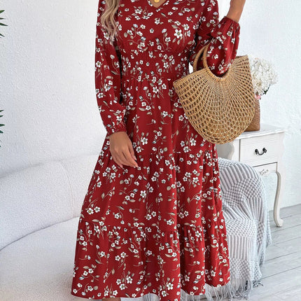Floral Print Long Sleeve V - Neck Midi Dress - MimiStylez