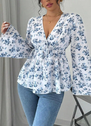 Floral Print V - Neck Long Sleeve Blouse - MimiStylez