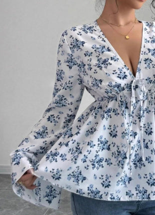 Floral Print V - Neck Long Sleeve Blouse - MimiStylez