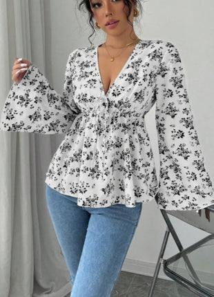 Floral Print V - Neck Long Sleeve Blouse - MimiStylez