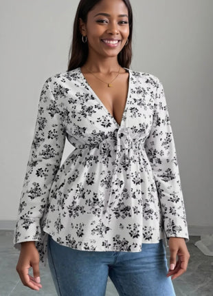 Floral Print V - Neck Long Sleeve Blouse - MimiStylez
