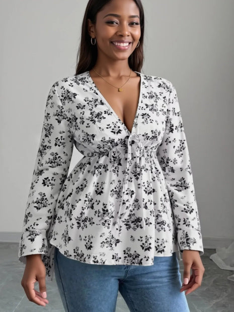 Floral Print V - Neck Long Sleeve Blouse - MimiStylez