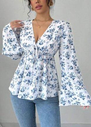 Floral Print V - Neck Long Sleeve Blouse - MimiStylez