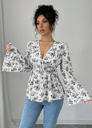 Floral Print V - Neck Long Sleeve Blouse - MimiStylez