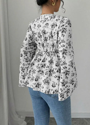 Floral Print V - Neck Long Sleeve Blouse - MimiStylez