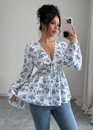 Floral Print V - Neck Long Sleeve Blouse - MimiStylez