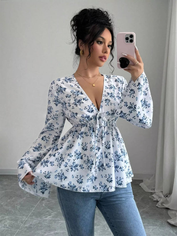 Floral Print V - Neck Long Sleeve Blouse - MimiStylez