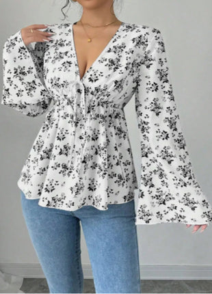 Floral Print V - Neck Long Sleeve Blouse - MimiStylez