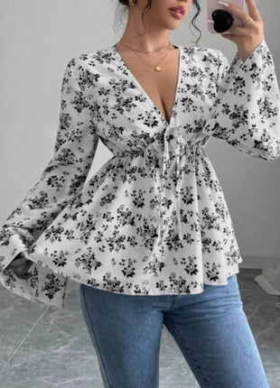 Floral Print V - Neck Long Sleeve Blouse - MimiStylez