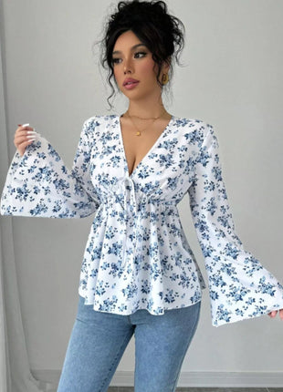 Floral Print V - Neck Long Sleeve Blouse - MimiStylez