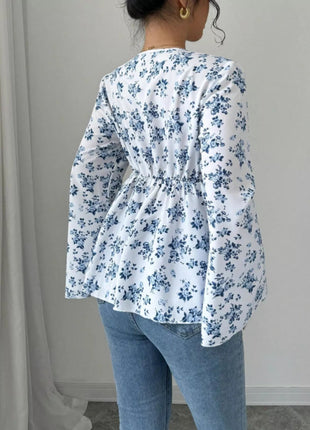 Floral Print V - Neck Long Sleeve Blouse - MimiStylez