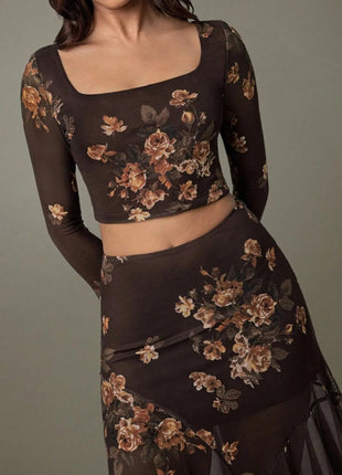 Floral Square Neck Top and Skirt Set - MimiStylez