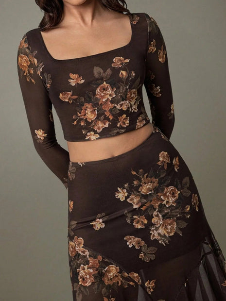 Floral Square Neck Top and Skirt Set - MimiStylez