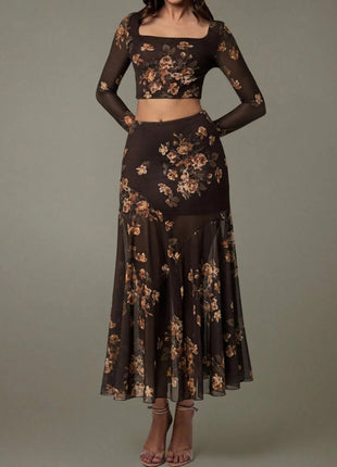Floral Square Neck Top and Skirt Set - MimiStylez