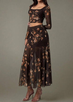 Floral Square Neck Top and Skirt Set - MimiStylez