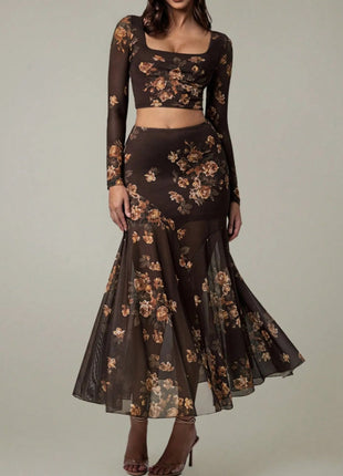 Floral Square Neck Top and Skirt Set - MimiStylez