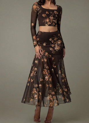Floral Square Neck Top and Skirt Set - MimiStylez