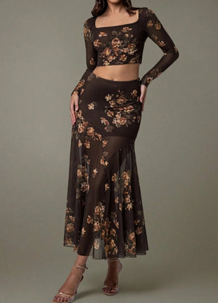 Floral Square Neck Top and Skirt Set - MimiStylez
