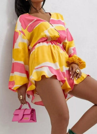 Floral V - Neck Long Sleeve Romper with Elastic Waist - MimiStylez