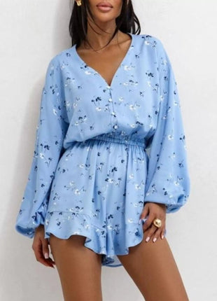 Floral V - Neck Long Sleeve Romper with Elastic Waist - MimiStylez